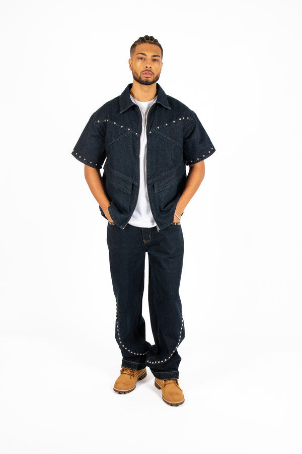 Liquor & Poker Indigo Denim Shirt With Stud Detail