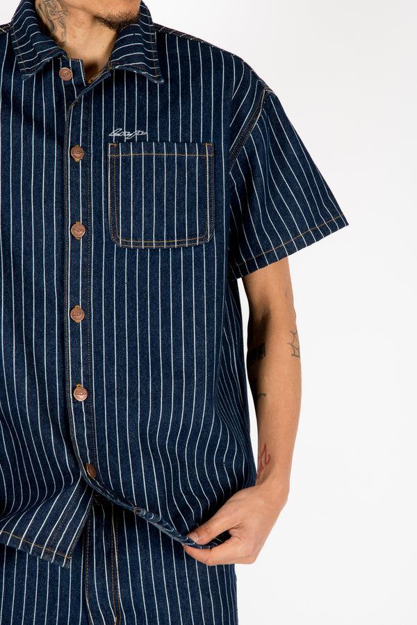 liquor & poker Indigo Pinstripe Varsity Denim Shirt