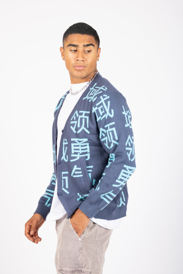 Liquor & Poker Japanese Text Knitted Blue Cardigan