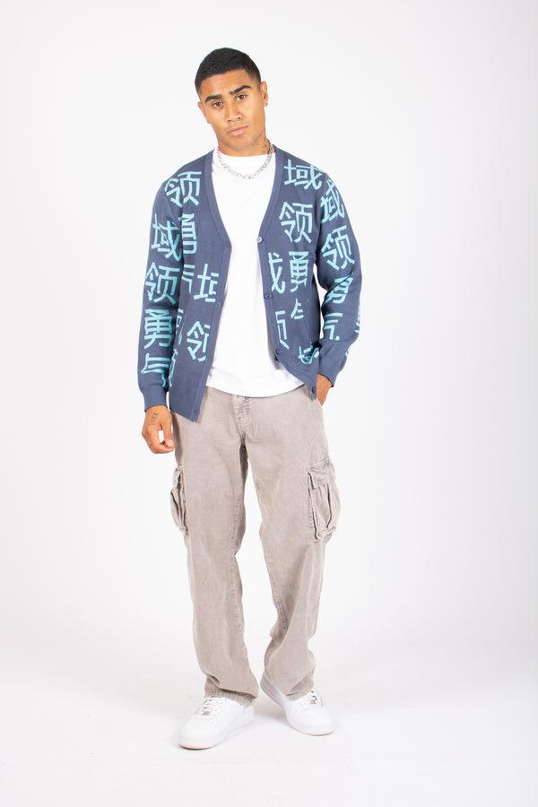 Liquor & Poker Japanese Text Knitted Blue Cardigan