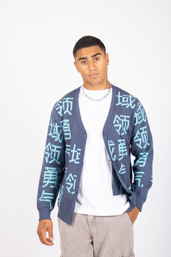 liquor & poker Japanese Text Knitted Blue Cardigan