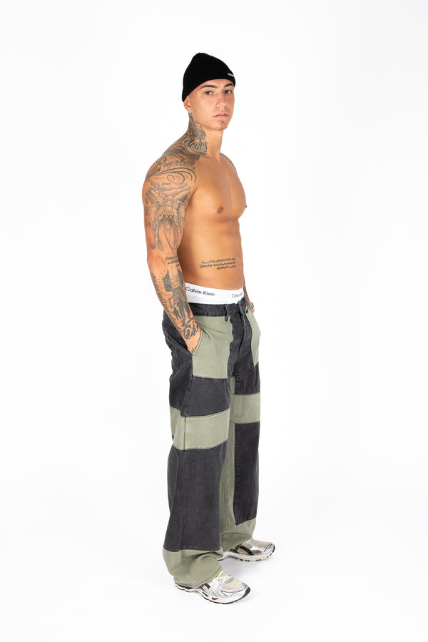 Liquor & Poker Khaki & Black Biker Panelled Jeans