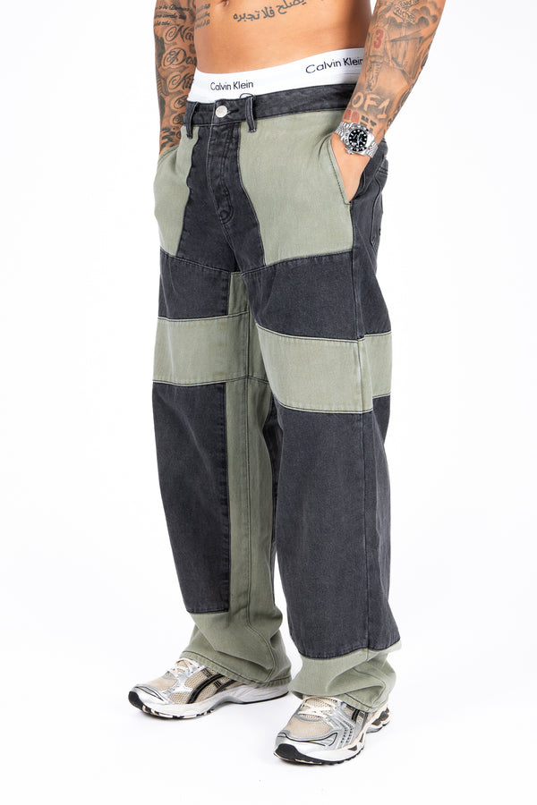 Liquor & Poker Khaki & Black Biker Panelled Jeans