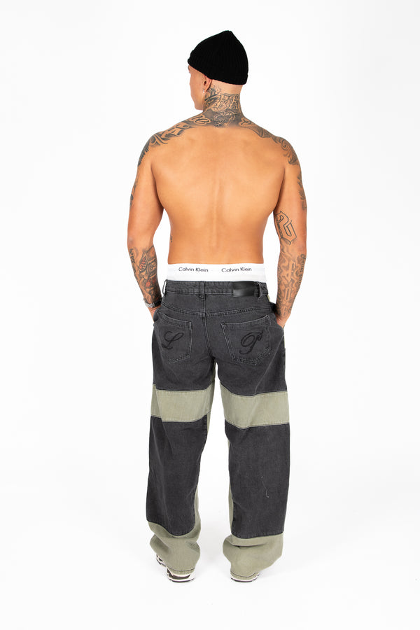 Liquor & Poker Khaki & Black Biker Panelled Jeans