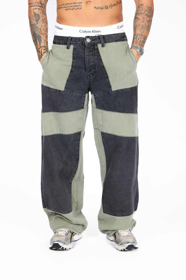 liquor & poker Khaki & Black Biker Panelled Jeans