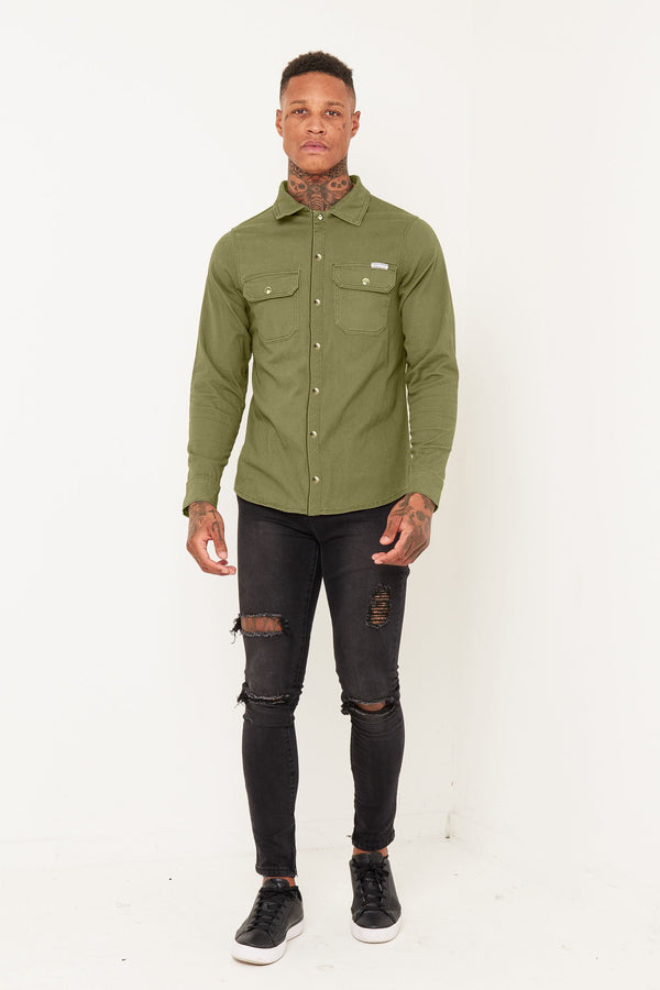 liquor & poker Khaki Muscle Fit Denim Shirt