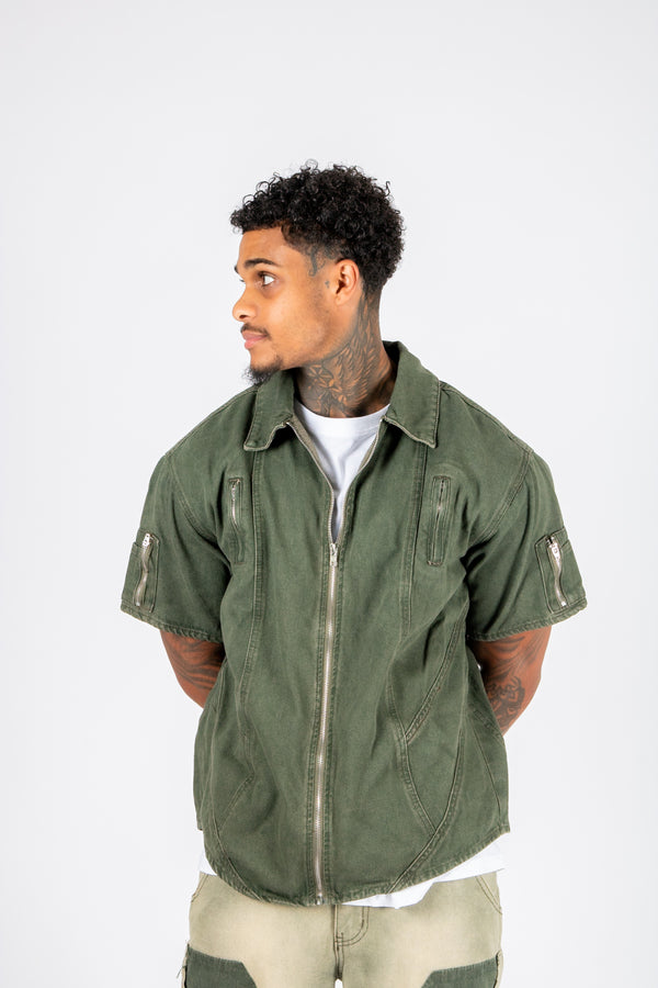 Liquor & Poker Khaki Panelled Detail Denim Shirt