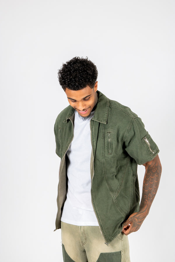 Liquor & Poker Khaki Panelled Detail Denim Shirt