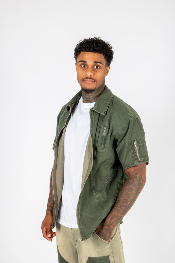 liquor & poker Khaki Panelled Detail Denim Shirt