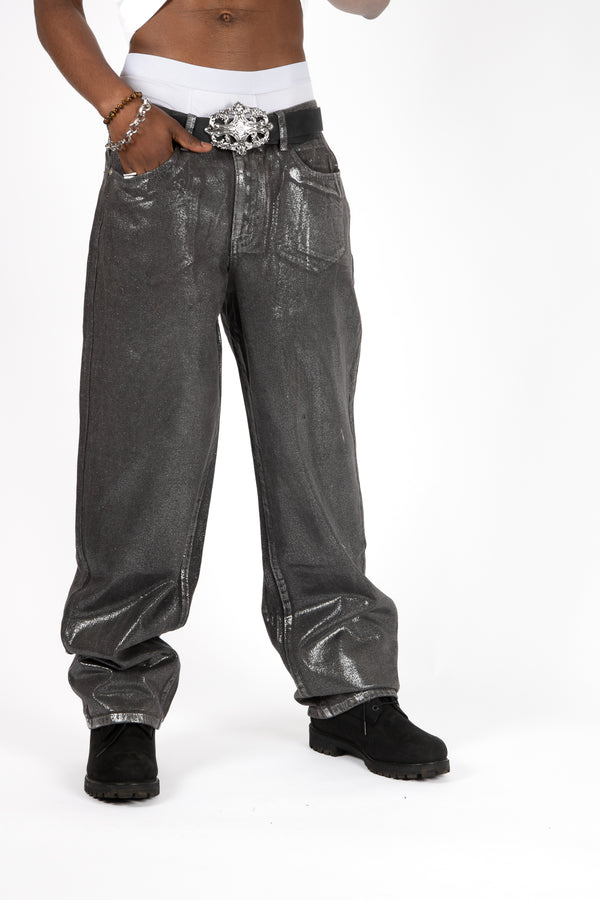 liquor & poker Metallic Coated Baggy Jeans