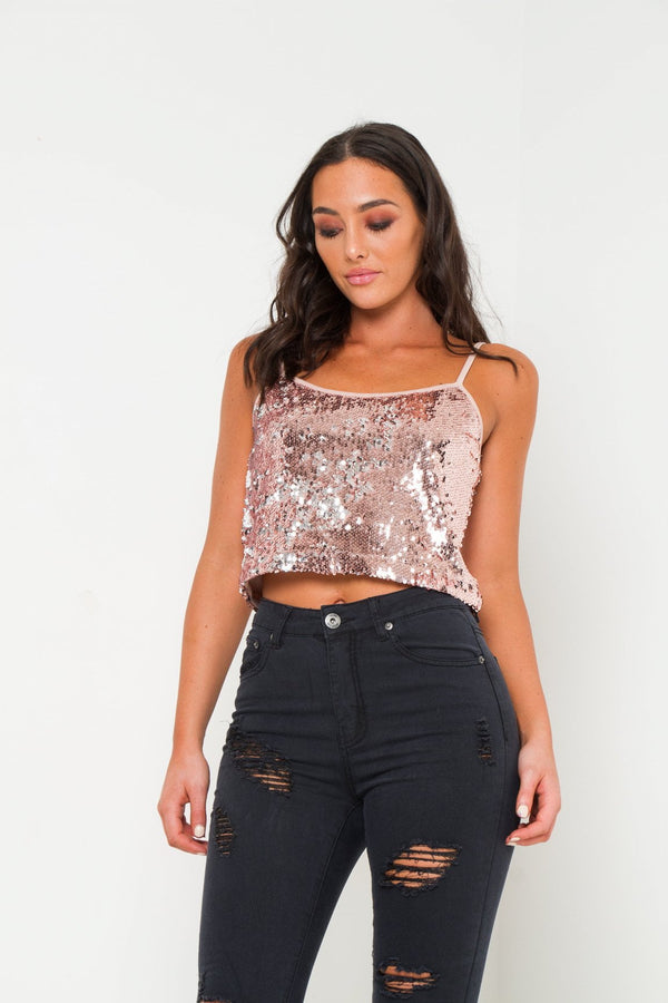 liquor & poker Mildura Rose Gold Sequin Cami Top