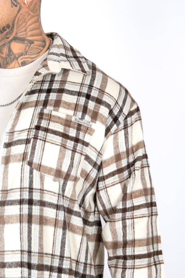 Liquor & Poker Oversized Beige Zip-Up Flannel Shirt