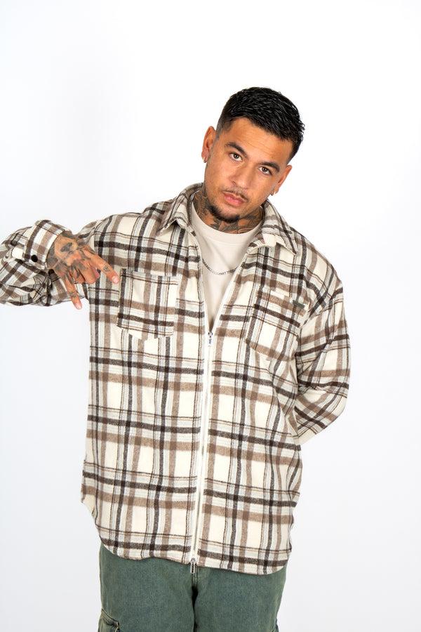 Liquor & Poker Oversized Beige Zip-Up Flannel Shirt