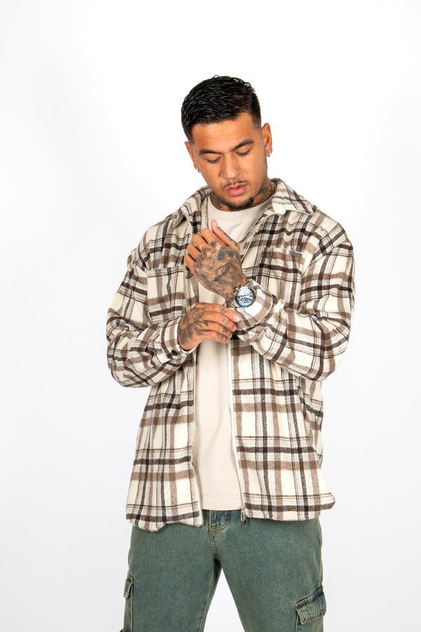 liquor & poker Oversized Beige Zip-Up Flannel Shirt