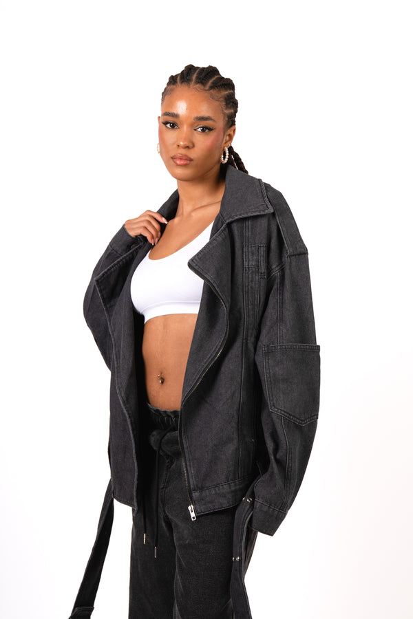 Liquor & Poker Oversized Black Denim Biker Jacket