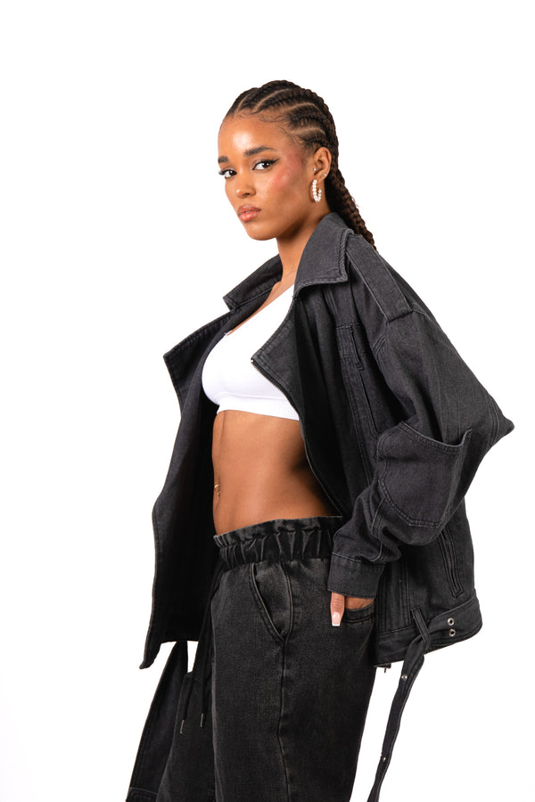 liquor & poker Oversized Black Denim Biker Jacket