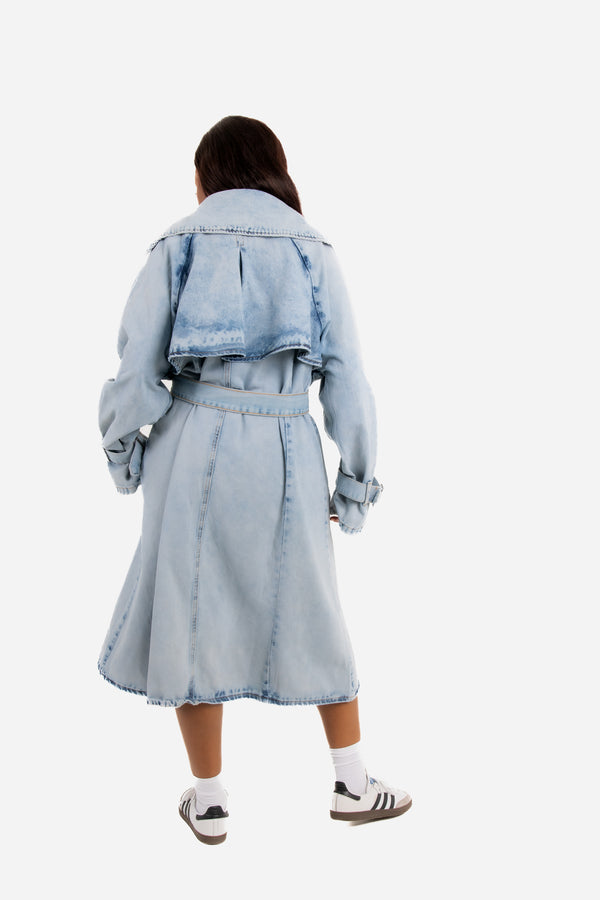 Liquor & Poker Oversized Denim Bleach-Wash Trench