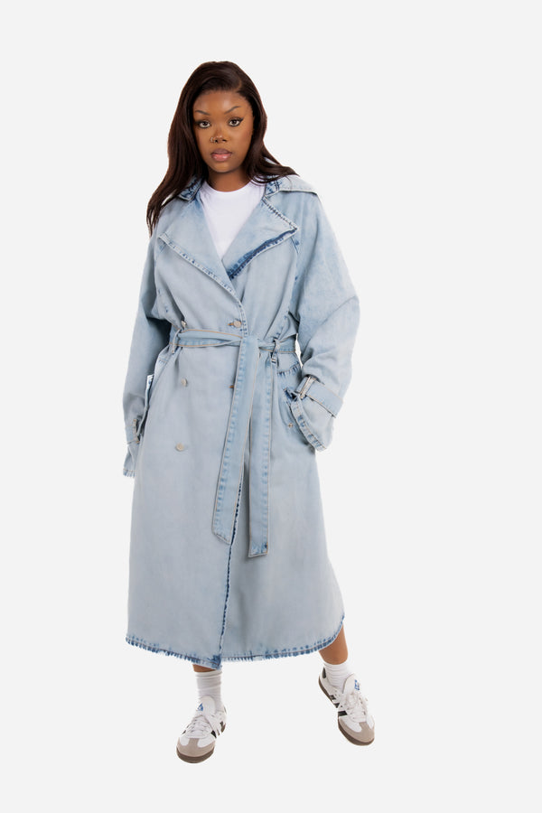 Liquor & Poker Oversized Denim Bleach-Wash Trench
