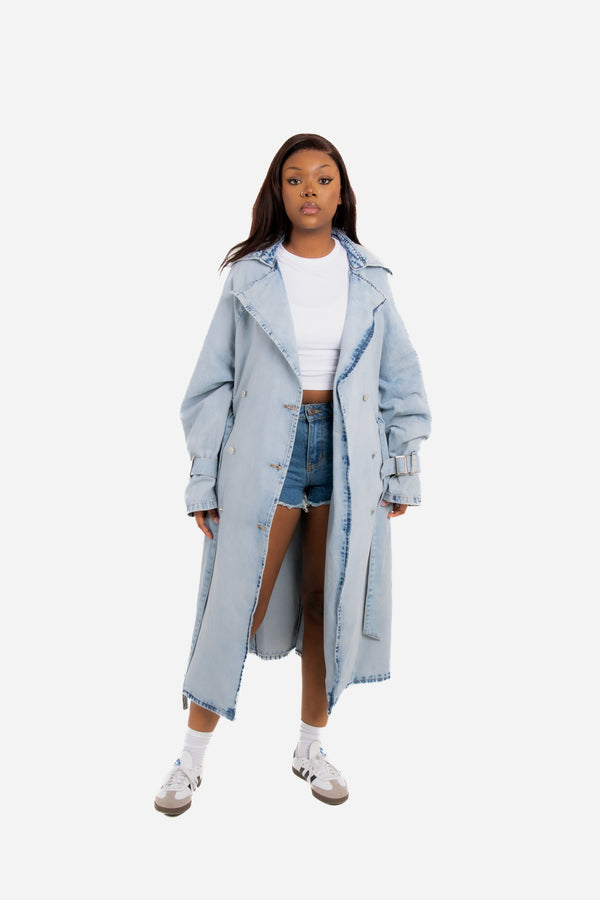 Liquor & Poker Oversized Denim Bleach-Wash Trench