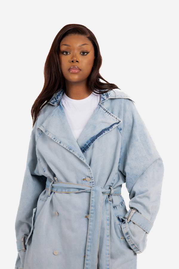 liquor & poker Oversized Denim Bleach-Wash Trench
