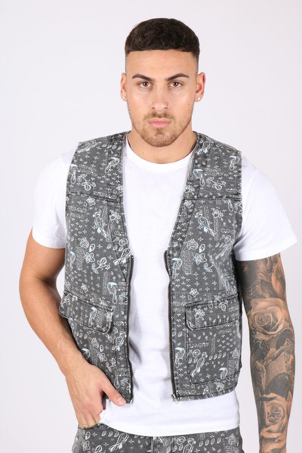 Liquor & Poker Paisley Printed Denim Gilet Vest