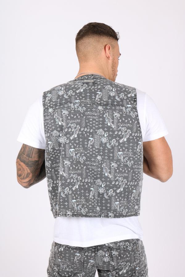 Liquor & Poker Paisley Printed Denim Gilet Vest