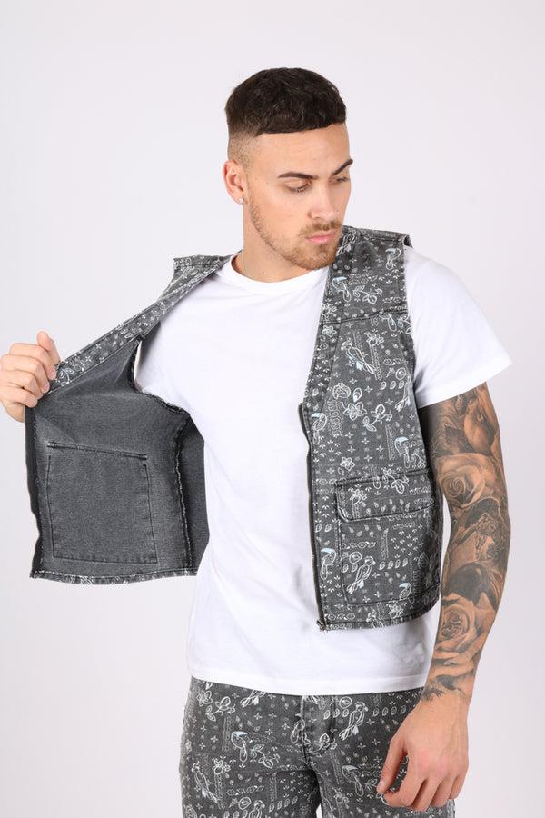 Liquor & Poker Paisley Printed Denim Gilet Vest