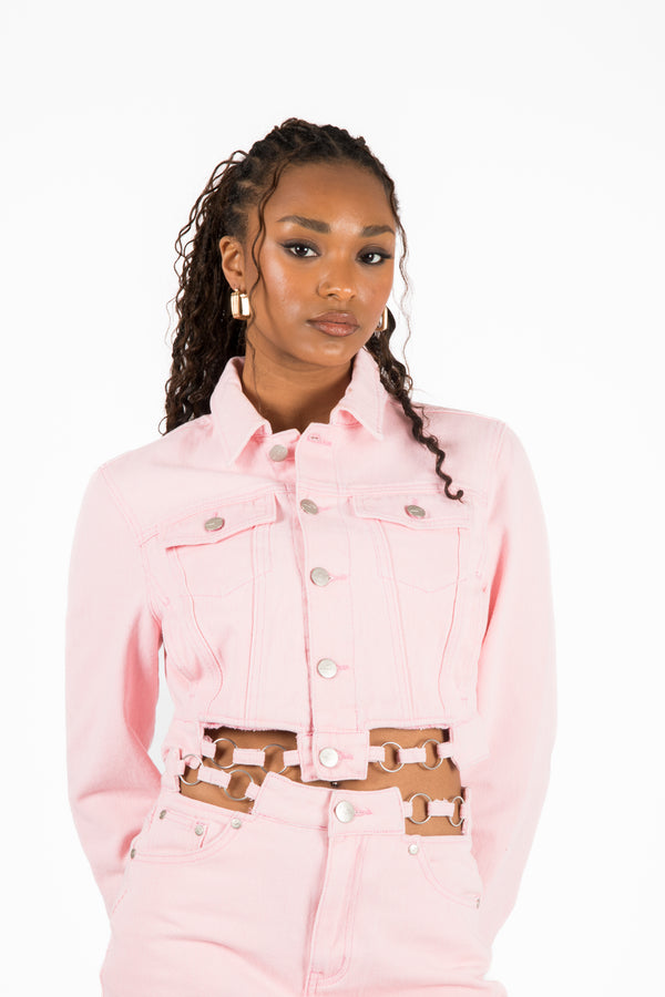 liquor & poker Pink Cropped Denim Jacket