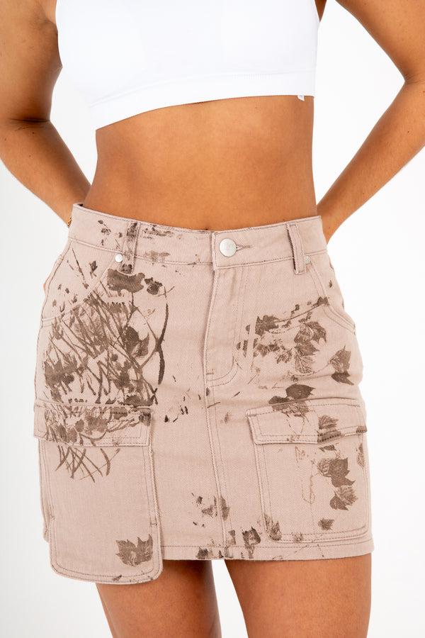 Liquor & Poker Sand & Brown Floral Twill Mini Skirt