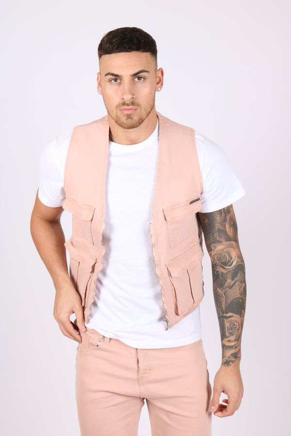 Liquor & Poker Utility Soft Pink Denim Gilet Vest
