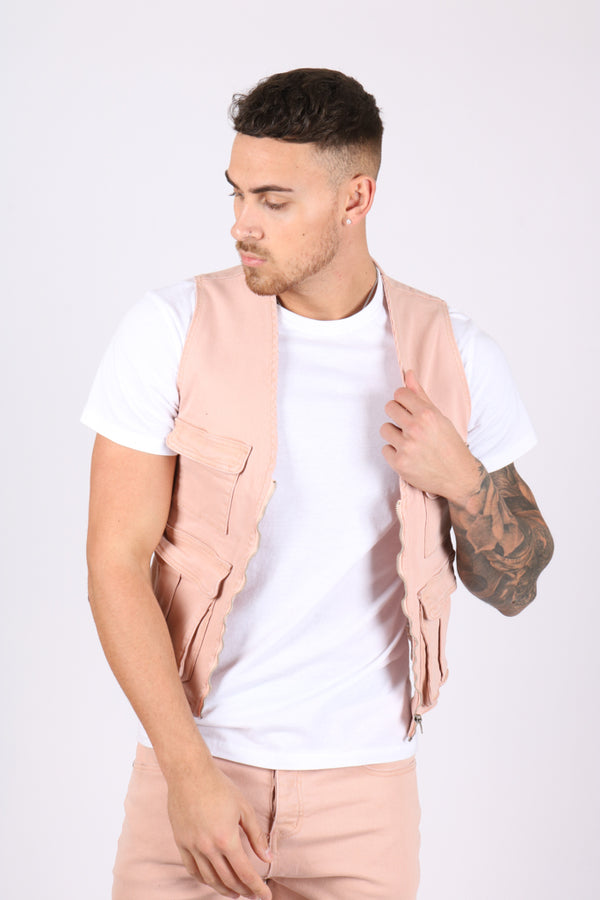 Liquor & Poker Utility Soft Pink Denim Gilet Vest