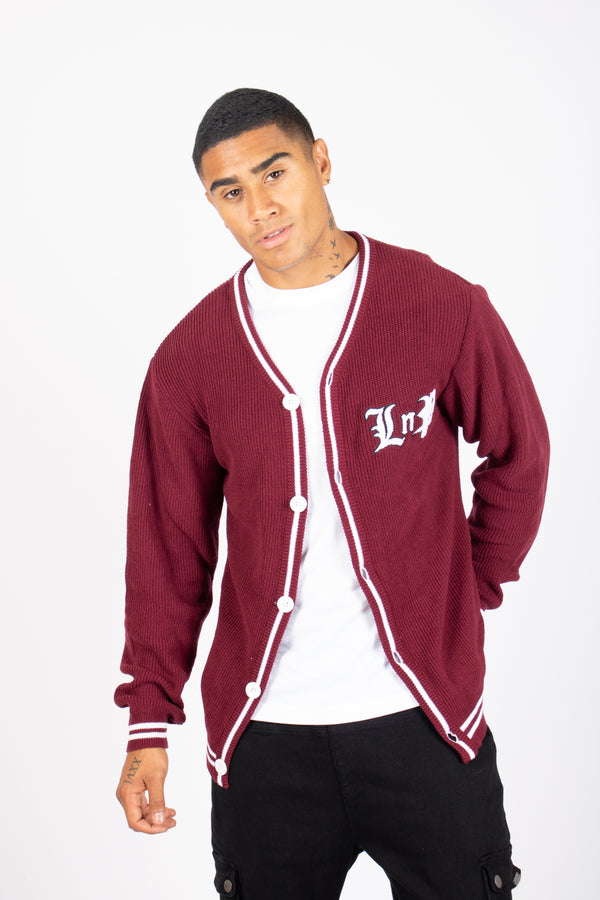 Liquor & Poker Varsity Knitted Burgundy Cardigan