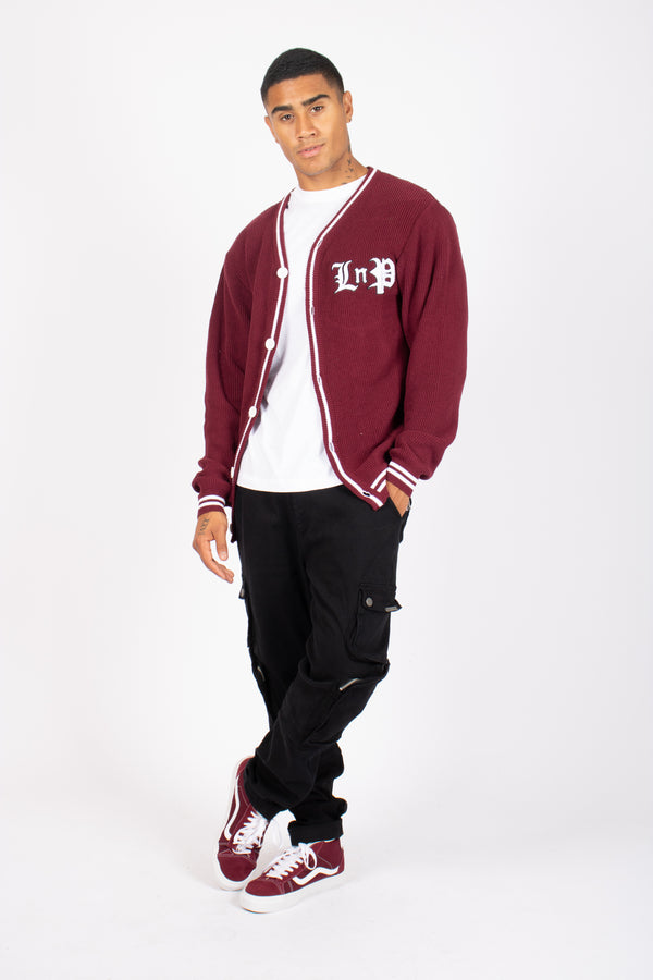 Liquor & Poker Varsity Knitted Burgundy Cardigan