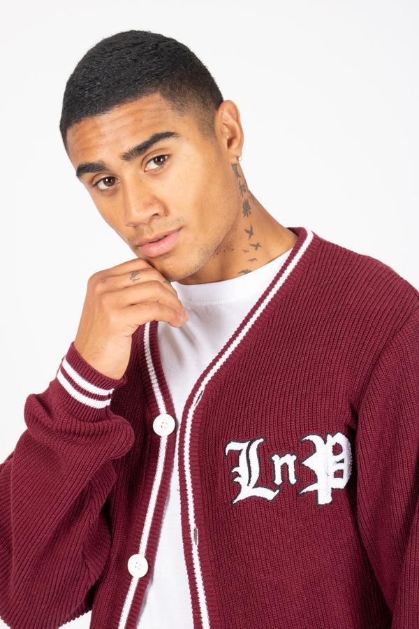 Liquor & Poker Varsity Knitted Burgundy Cardigan