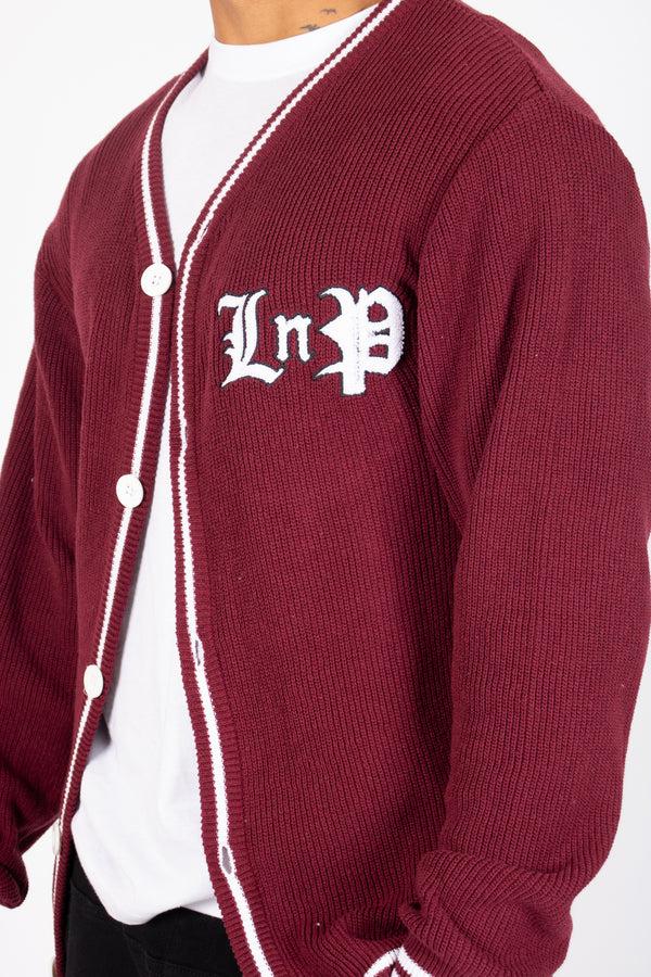 liquor & poker Varsity Knitted Burgundy Cardigan