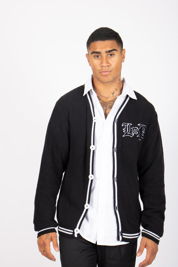 Liquor & Poker Varsity Knitted Cardigan In Black