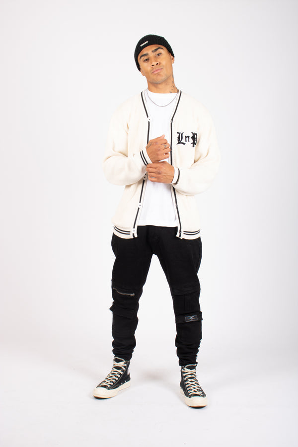Liquor & Poker Varsity Knitted Cardigan In Off White