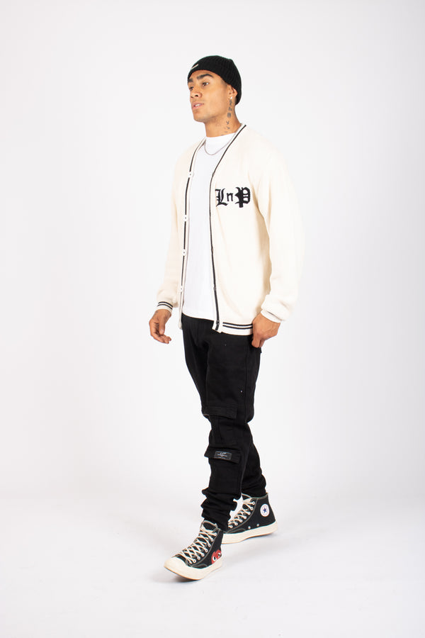 Liquor & Poker Varsity Knitted Cardigan In Off White