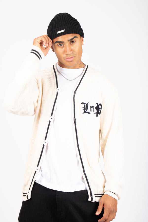 liquor & poker Varsity Knitted Cardigan In Off White