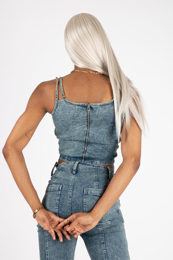 Liquor & Poker Vintage Blue Stitch Detail Crop Top