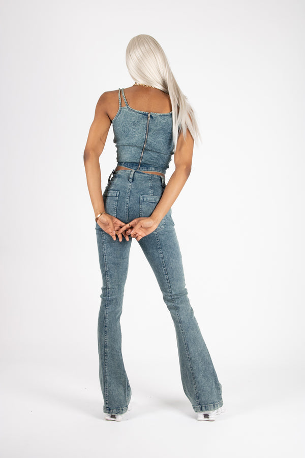 Liquor & Poker Vintage Blue Stitch Detail Crop Top