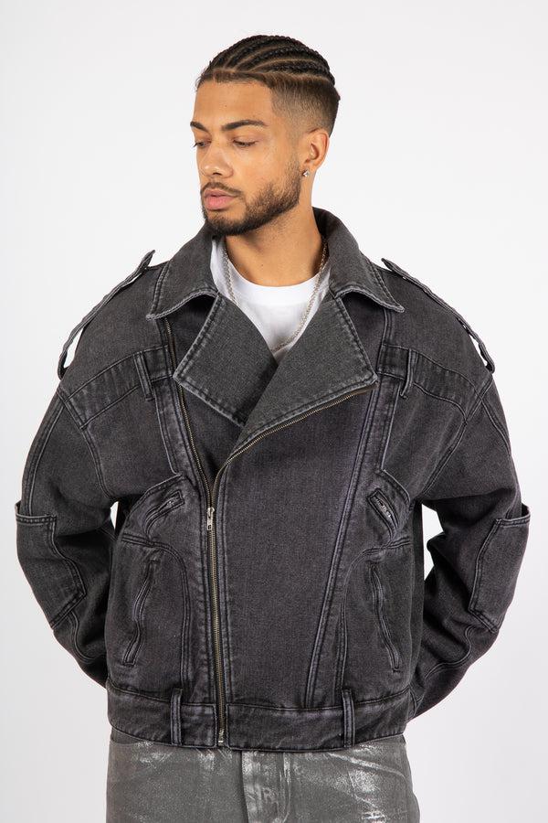 Liquor & Poker Washed Black Biker Jacket Oversized