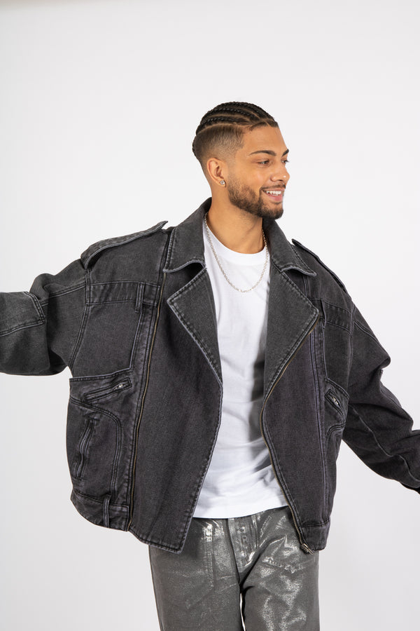 Liquor & Poker Washed Black Biker Jacket Oversized