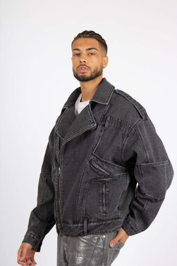 liquor & poker Washed Black Biker Jacket Oversized