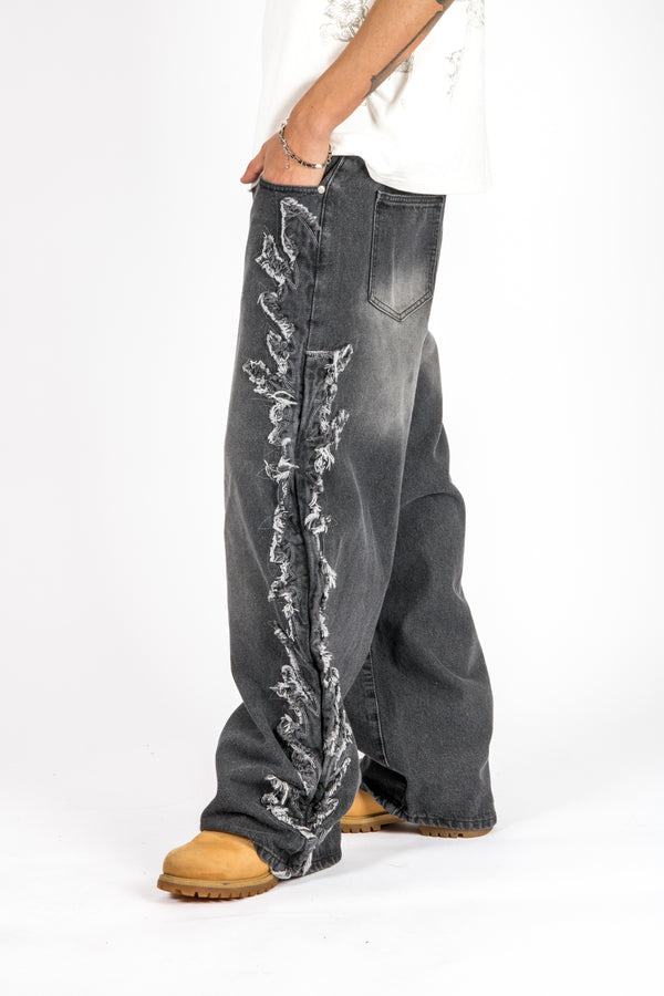 Liquor & Poker Washed Black Distressed Applique Jean