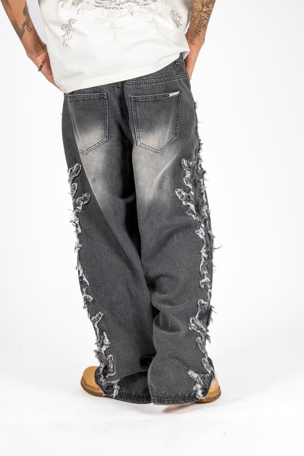 Liquor & Poker Washed Black Distressed Applique Jean