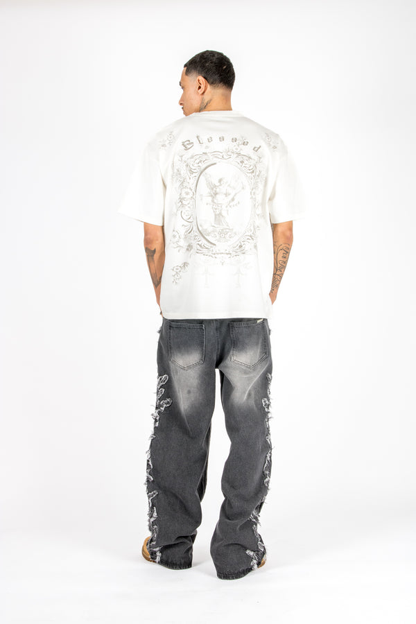 Liquor & Poker Washed Black Distressed Applique Jean