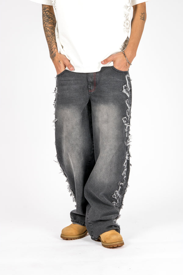 liquor & poker Washed Black Distressed Applique Jean