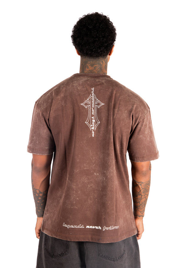 Liquor & Poker Washed Brown Script Printed T-shirt