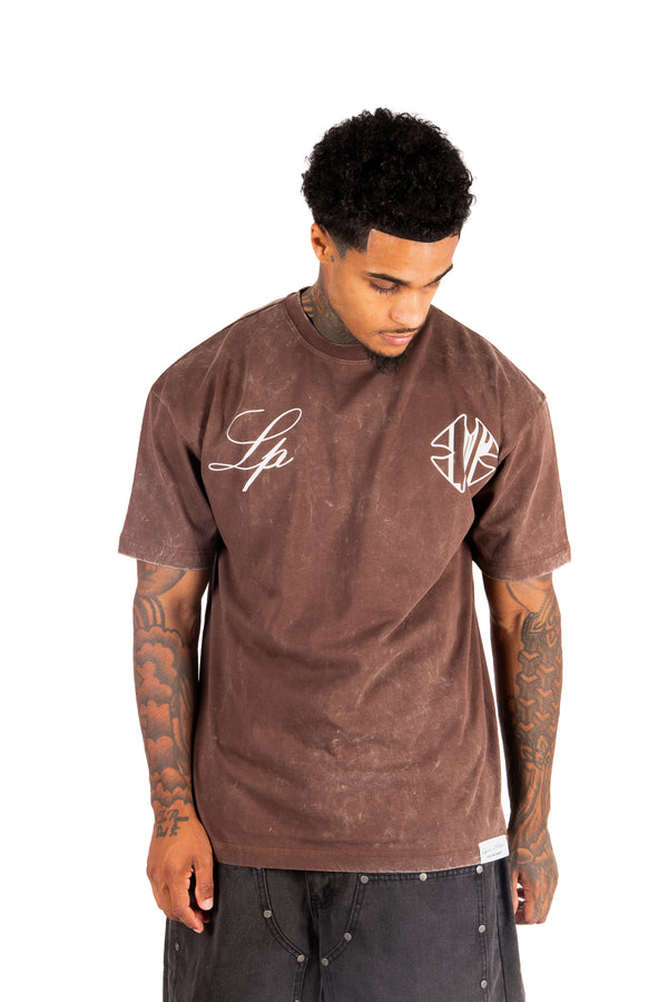 Liquor & Poker Washed Brown Script Printed T-shirt